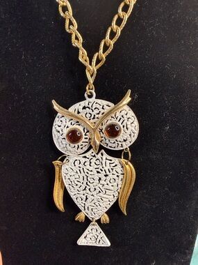 Gold & Silver Owl Pendant Necklace - Two-Tone Statement Jewelry